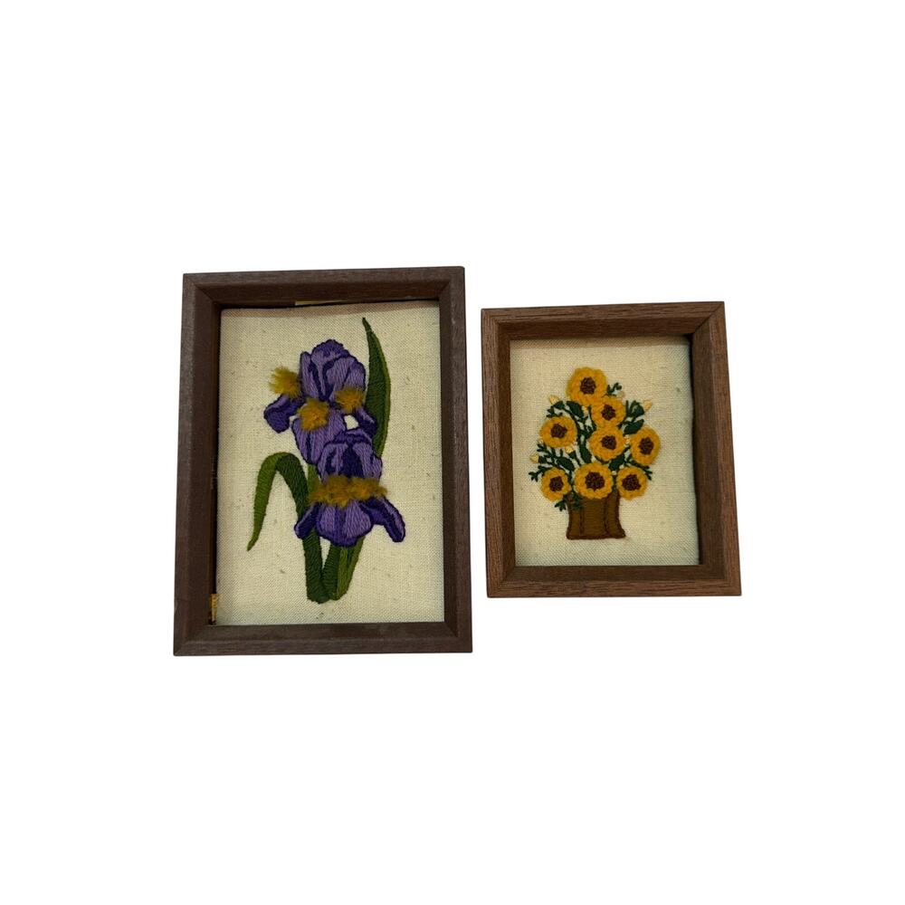 Set of (2) Vintage Framed Floral Crewel Art Work
